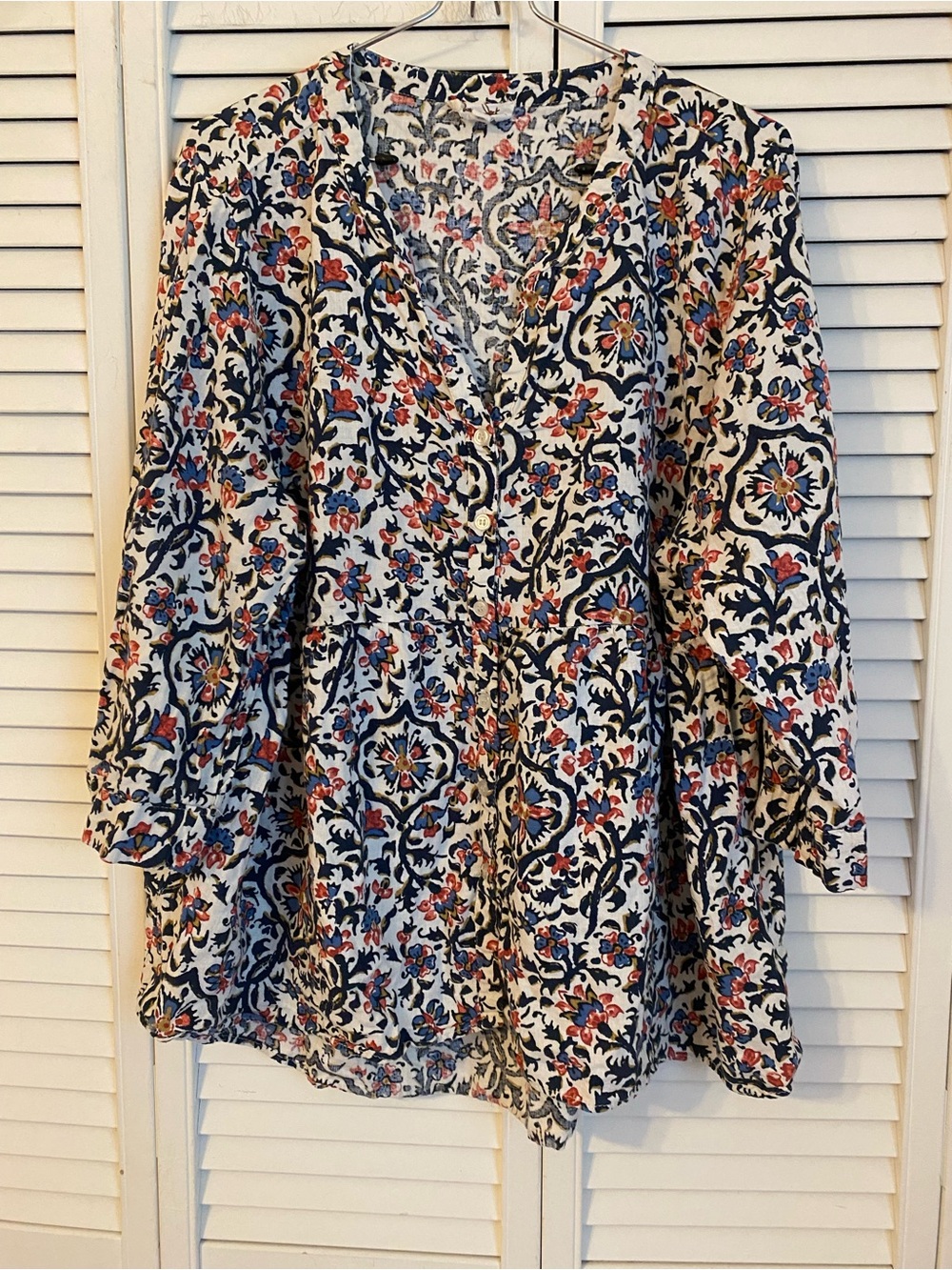 Womens Button Down Floral Linen Blouse 3XL Pullover Peasant Cottage Vacation